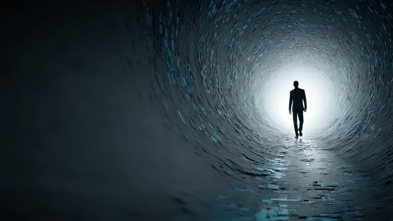 A solitary figure in a dark tunnel symbolizes the journey of self-discovery and transformation, navigating through challenges toward a bright future at the end of the passage