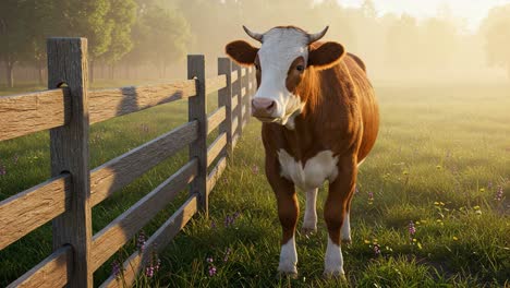 a serene morning in the countryside: a close-up of a curious cow walking through a misty field surrounded by fencing and lush greenery