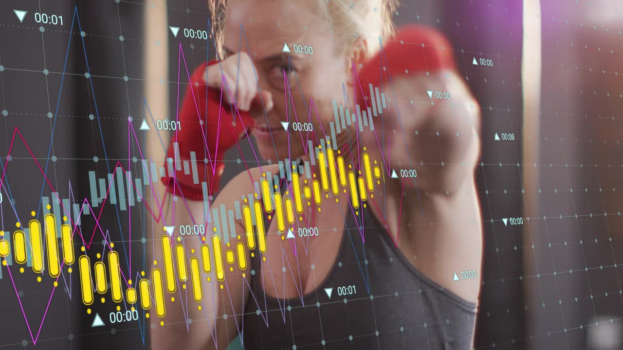 Atleta donna che alza i pugni sul ring di pugilato e sferra jab, con grafici animati che monitorano la forma fisica
