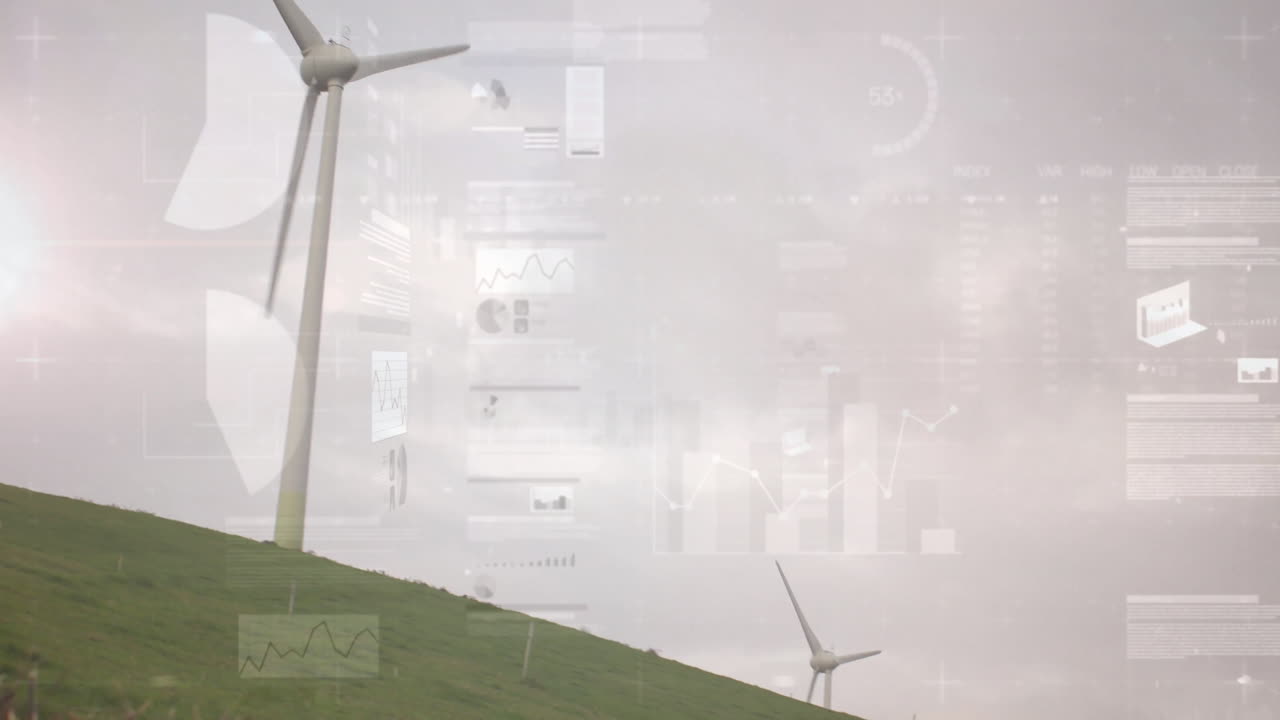 Wind turbine on grassy hill with data processing animation overlay
