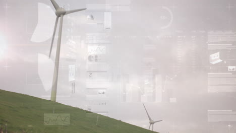 wind turbine on grassy hill with data processing animation overlay