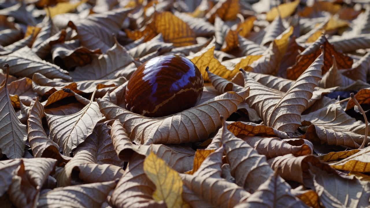 Close-up video frame of a shiny chestnut nestled among dry autumn leaves, captured from a low angle