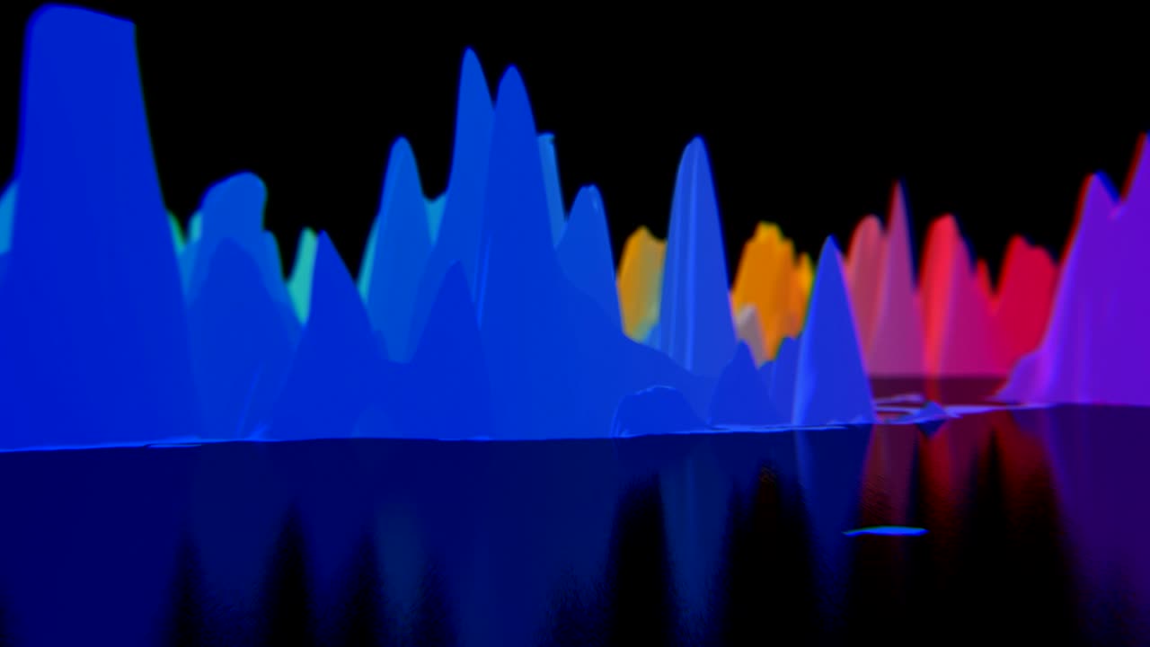 다채로운 추상적인 언덕은 검은 표면에서 광란하게 진동합니다.