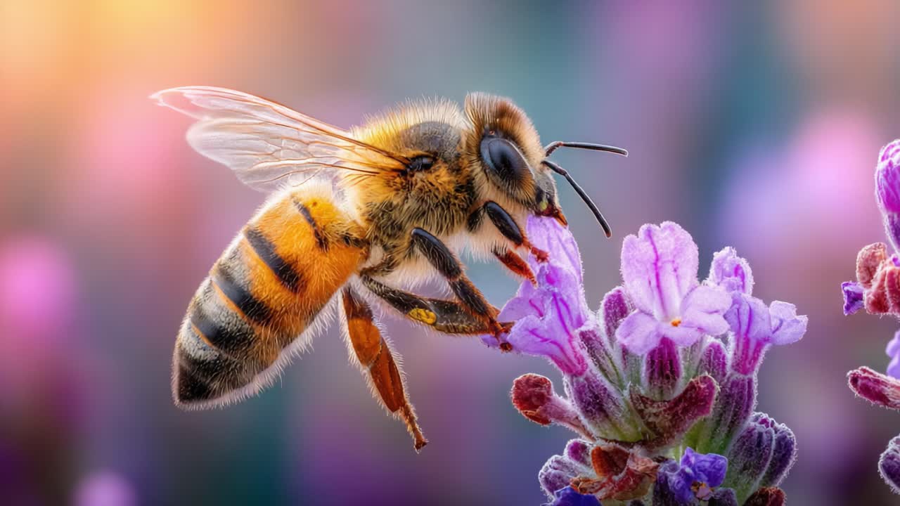 A Close-Up View of a Honeybee foraging on a Lavender Flower, Capturing the Intricate Details of Nature's Pollinator in a Vibrant Floral Background