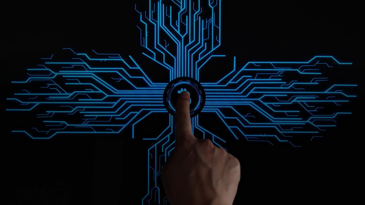 Top View, Human Finger Pushes Touch Bitcoin Digital Currency With Futuristic Artificial Intelligence Spreading Through Internet. Visualization Of Machine Learning, Computer Technology, Neural Network