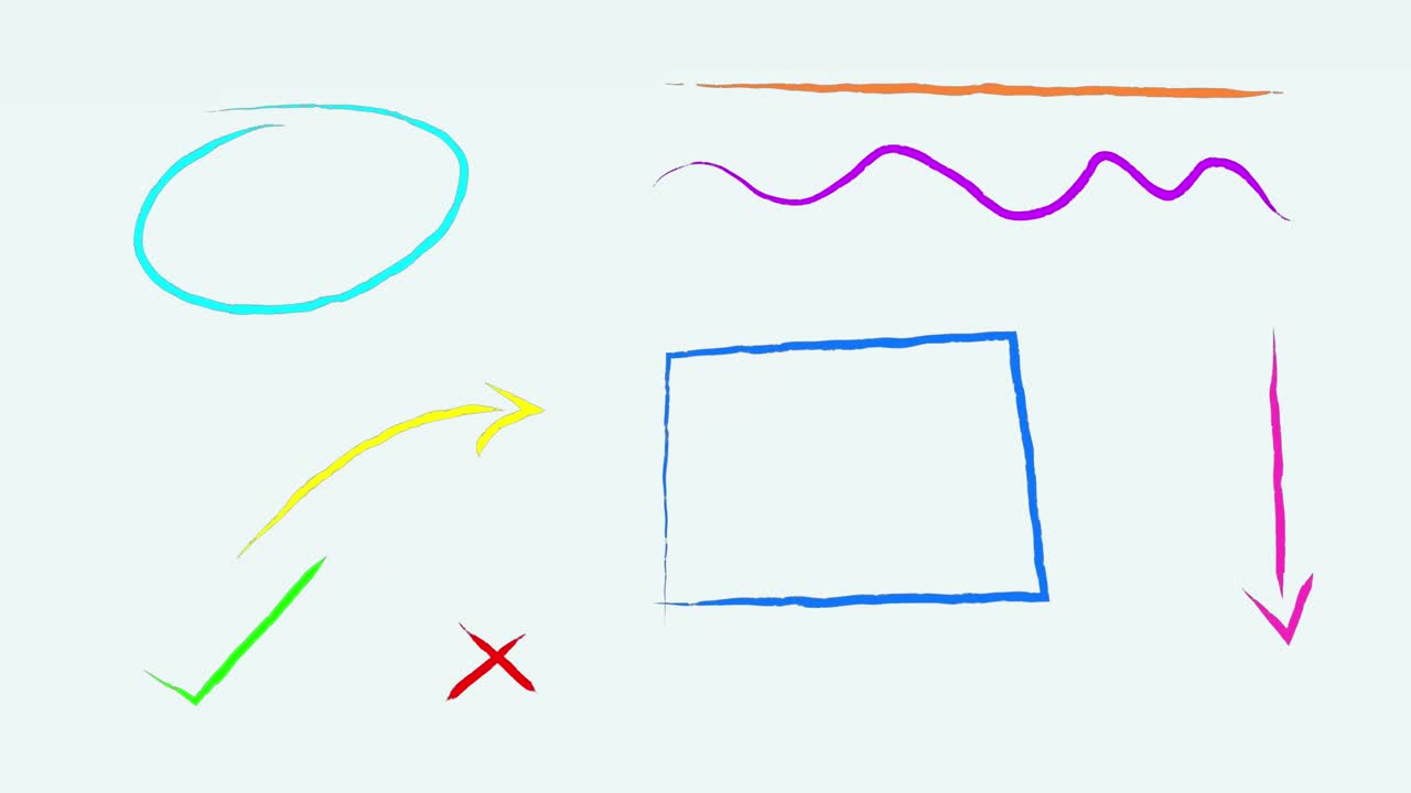 animación de múltiples símbolos y formas coloridas que se mueven contra un fondo blanco.