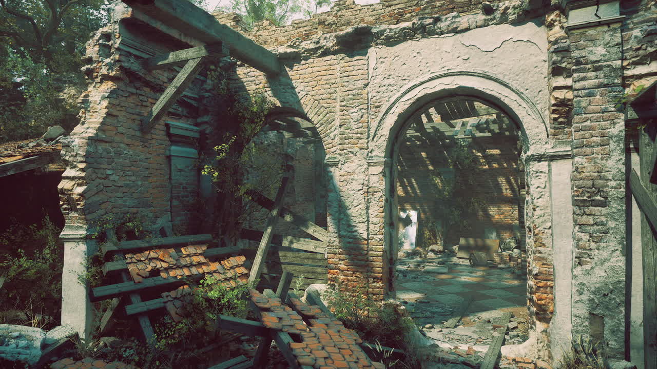 Ruins of an old european mansion overgrown with vegetation in daylight