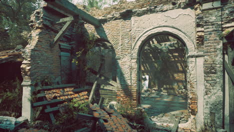 ruins of an old european mansion overgrown with vegetation in daylight