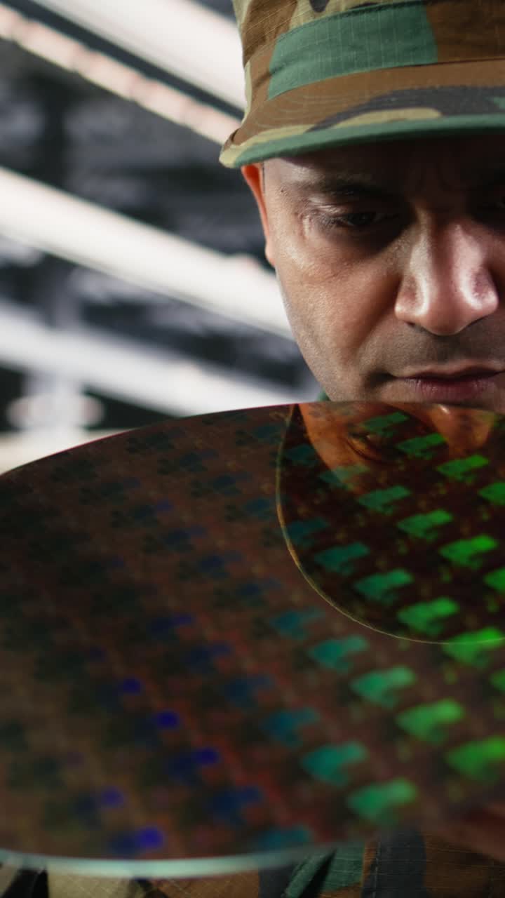 Video verticale. Primo piano di un esperto di fabbrica di microchip e un ufficiale dell'intelligence militare.