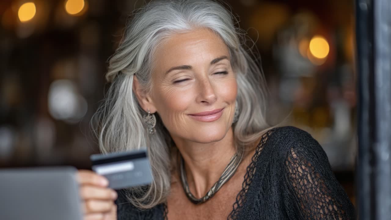 Elegante, reife Frau, die lächelnd eine Kreditkarte hält und einen Moment der Zuversicht und Haltung festhält, wobei sie ihren Stil in einer Boutique zur Schau stellt