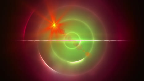 mancha roja de luz y rastros de luz contra rastros de luz en espiral verde sobre fondo rosa