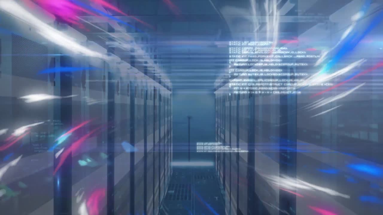 Animation of light trails with data processing over server room