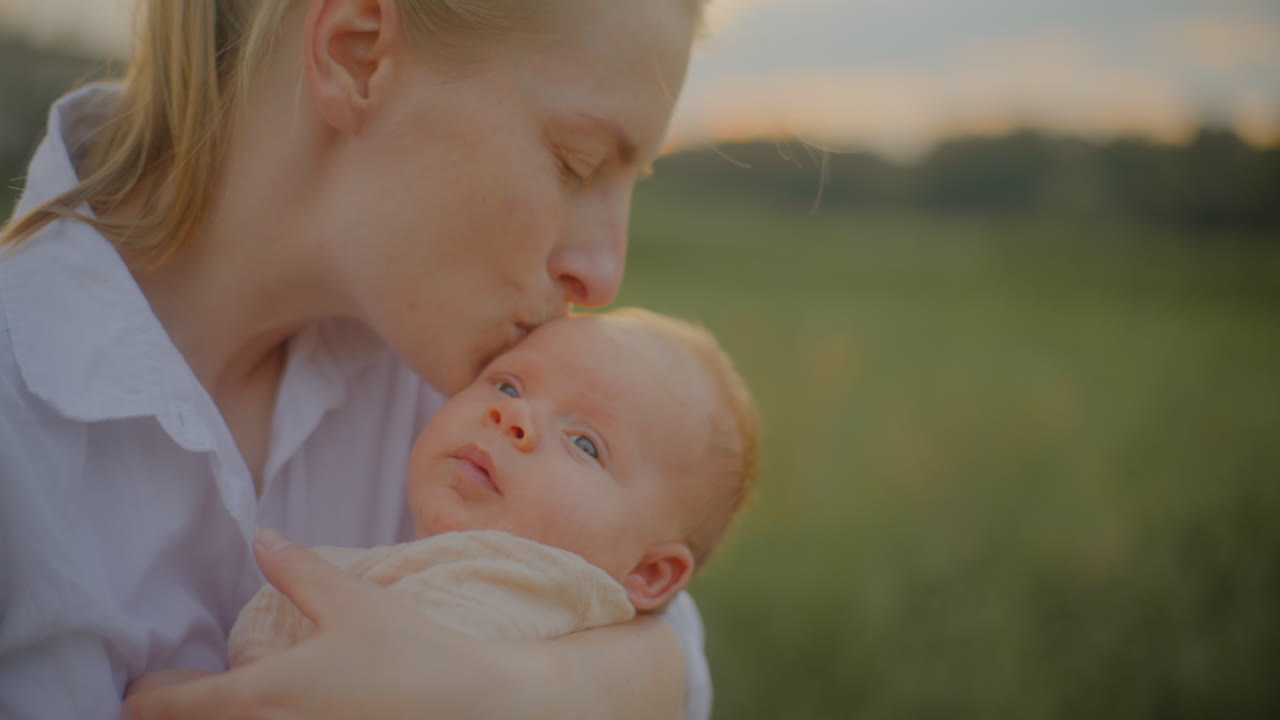 Happy Mother Kissing Baby at Sunset