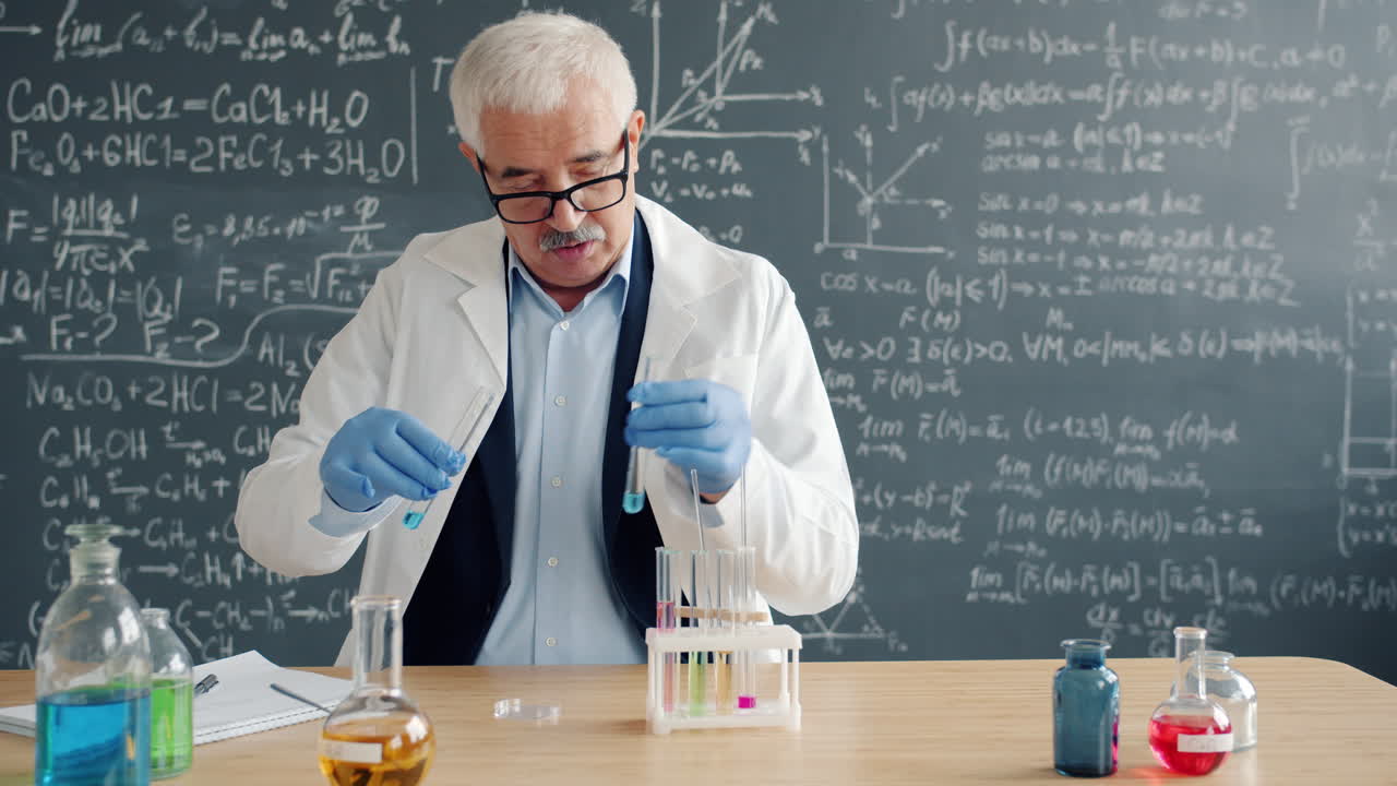 Senior Scientist Conducting a Chemistry Experiment