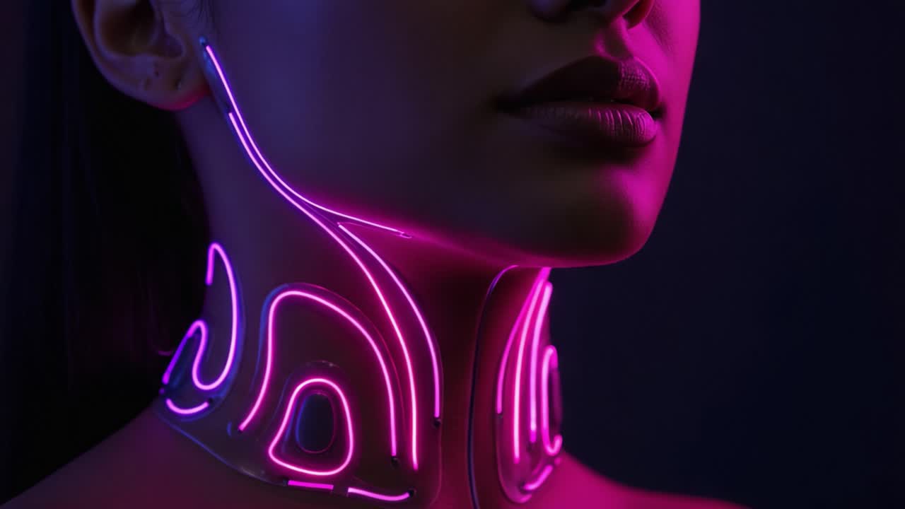 Futuristic Portrait of a Woman with Neon Light Neck Design Emphasizing Modern Aesthetics and Innovative Technology in Fashion and Art