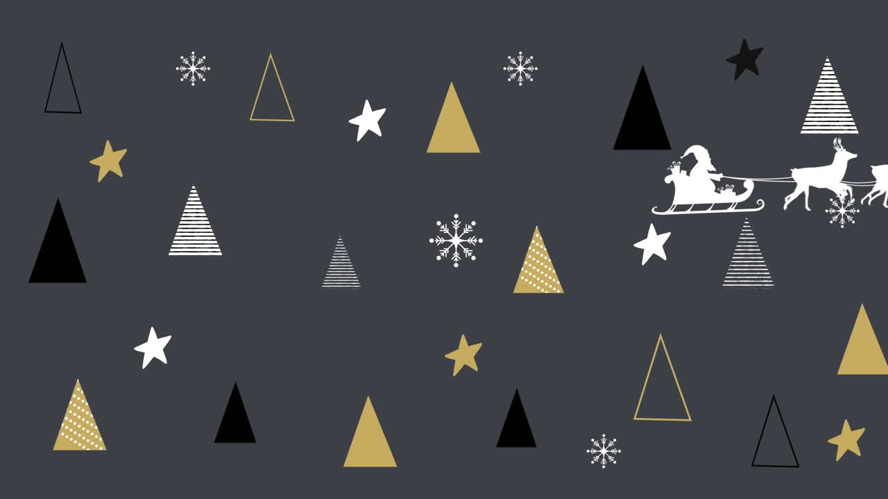 animación de árboles de navidad y santa en trineo con renos en fondo negro