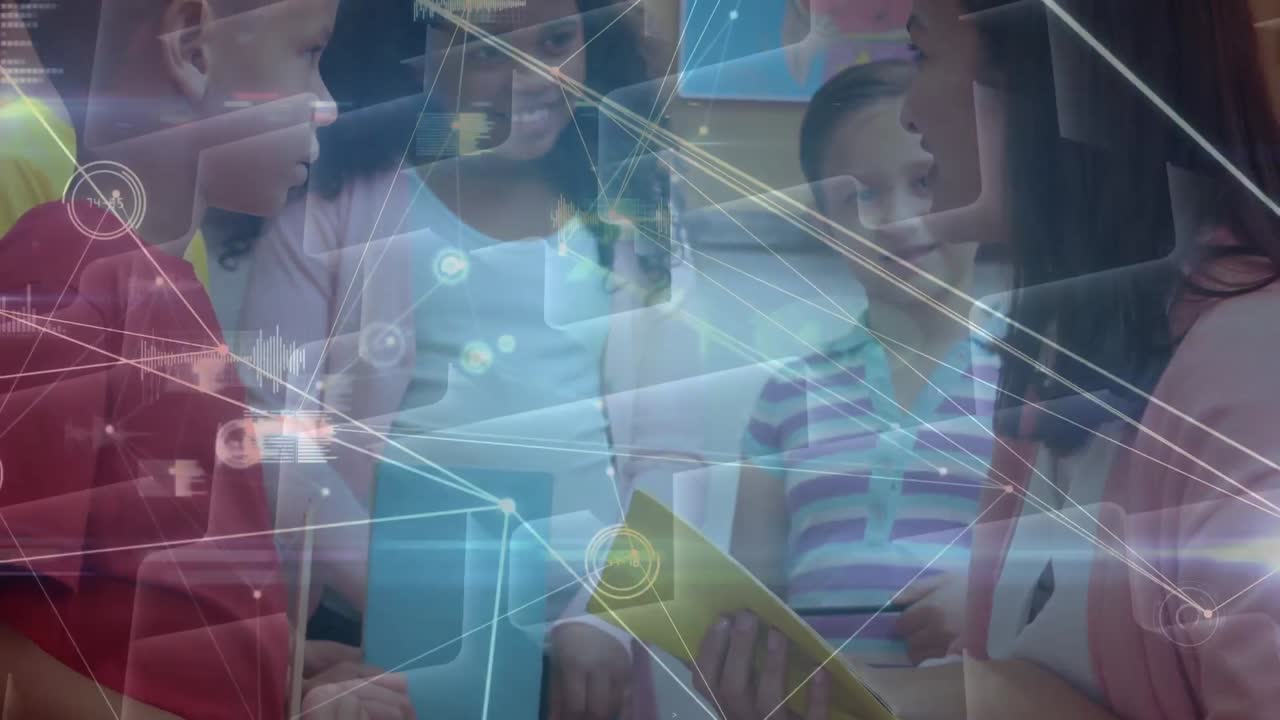 노트북을 가진 다양한 학교 아이들 간의 연결 네트워크의 활성화