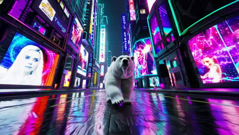 polar bear in a neon cyberpunk city