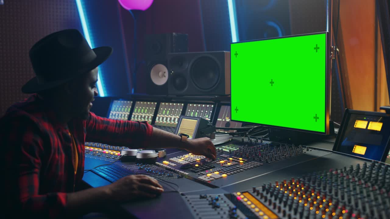 Elegante ingegnere del suono / produttore che lavora in uno studio di registrazione musicale, usa un computer con schermo verde, mixer ed equalizzatore per creare un nuovo brano di successo. Artista musicista nero creativo. Ritratto di profilo