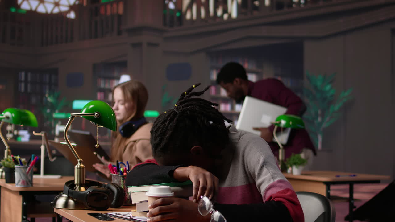 Vertical video african american student falling asleep on books pile in the campus library