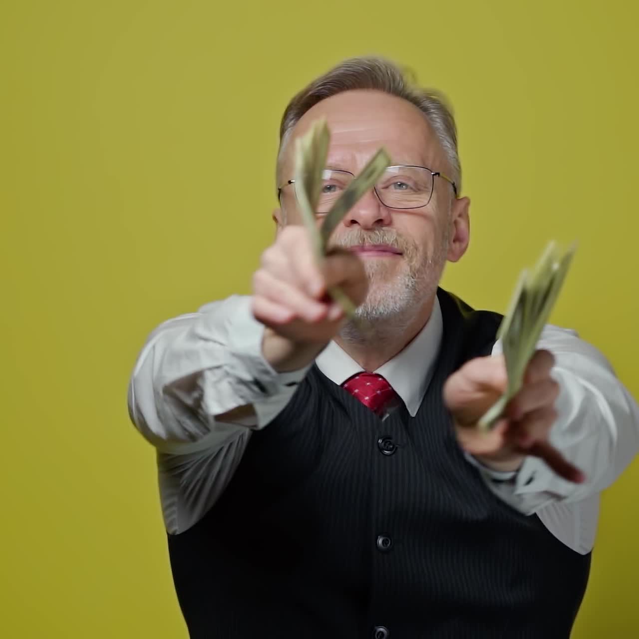 Happy senior businesman waving dollar banknotes.Rich grey-haired man holding big amount of money in his hands and showing them on the camera.