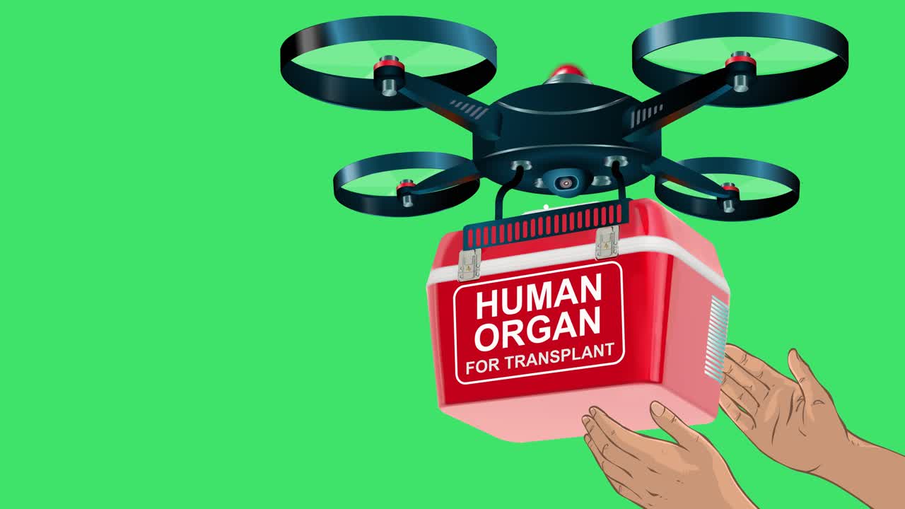 빨간색 응급 의료 용품 상자를 배달하는 드론과 패키지를 받는 사람의 손이 배경에 맞춤형 녹색 화면으로 표시됩니다.