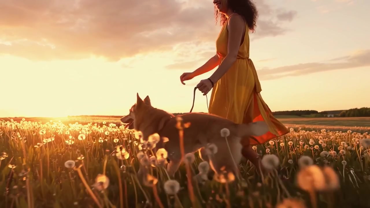 Donna felice e cane a passeggio in un campo di tarassaco al tramonto