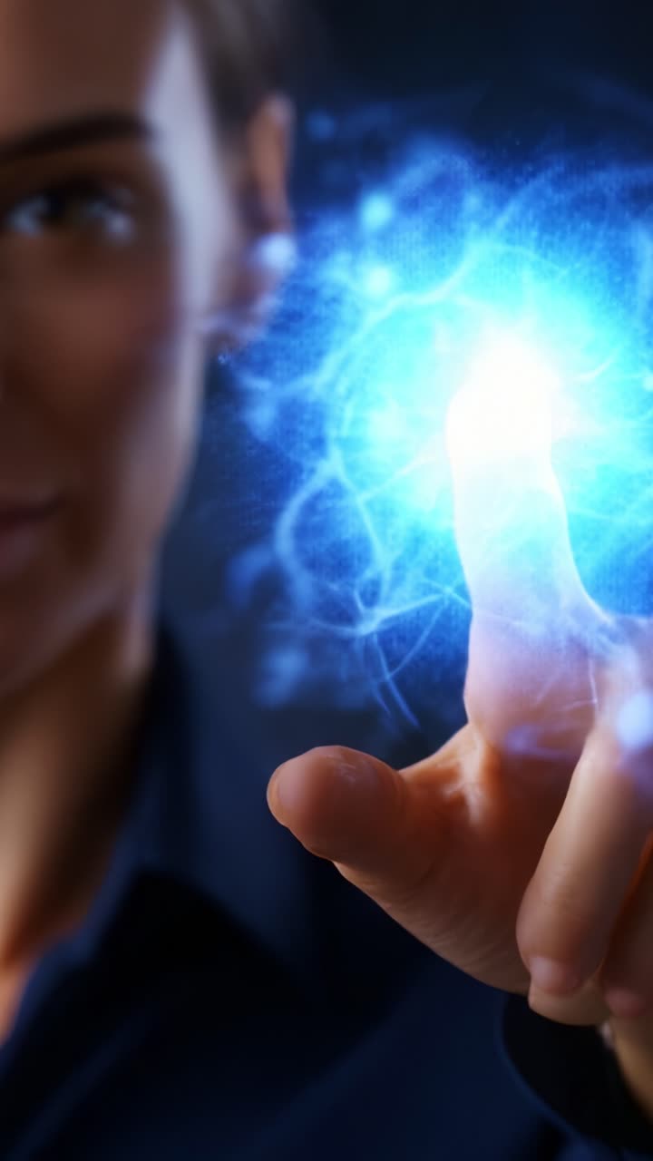 Una persona interactúa con una esfera de energía azul brillante, mostrando tecnología avanzada y la fusión de la creatividad humana con los entornos digitales para el futuro de la innovación.