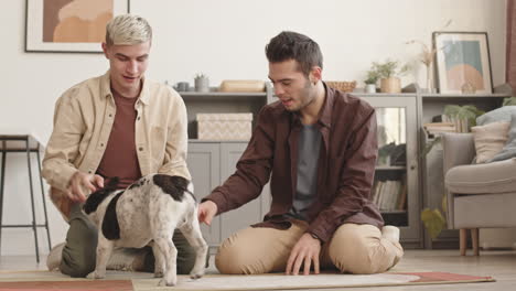 two young men playing with dog at home