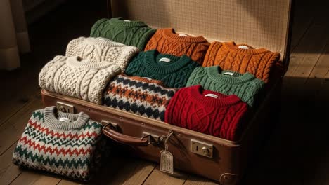 an inviting display of cozy knits: a beautiful selection of handcrafted sweaters showcased in a vintage suitcase for a warm and stylish autumn aesthetic