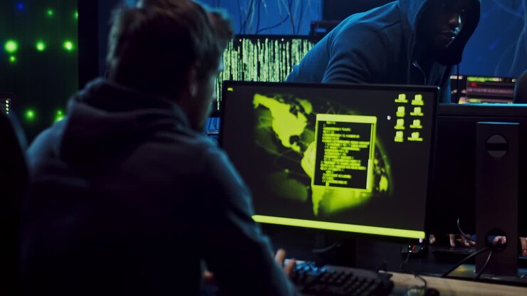 Multiethnic Young Hackers, Men Abd Woman Sitting In The Dark Room At Night At The Computers While Working With Software Programs