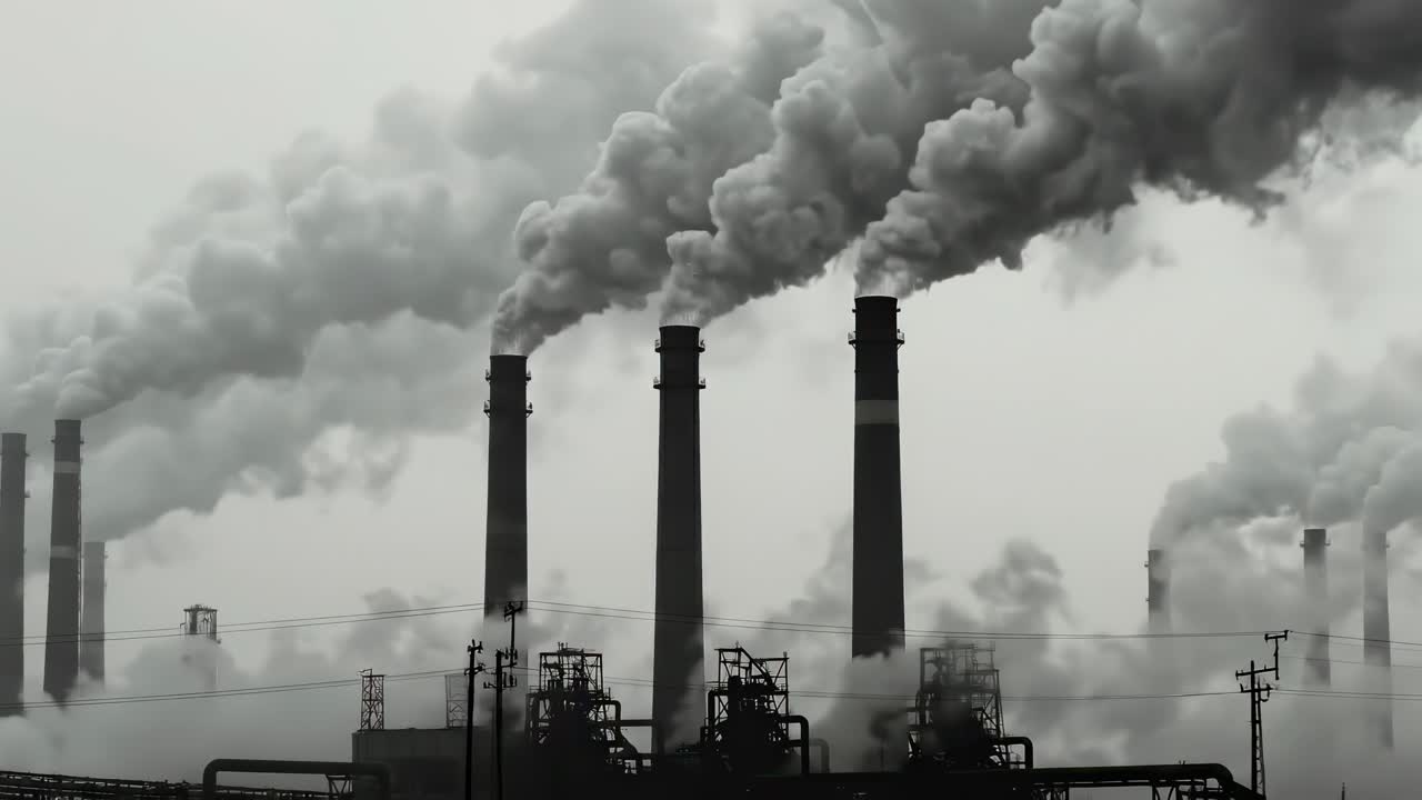 Ciminiere industriali che emettono fumo denso in un cielo coperto