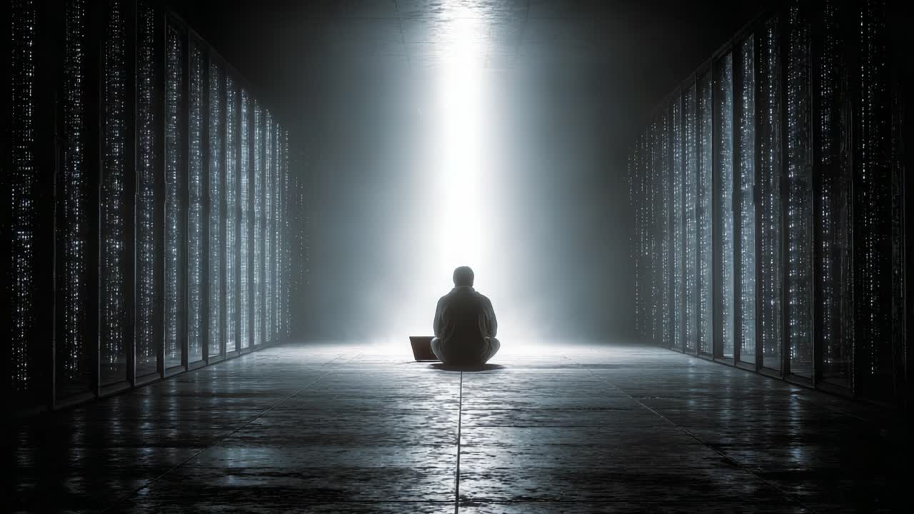 In a realm of technology and solitude, a solitary figure meditates in a dark server room illuminated by a brilliant light, symbolizing the intersection of humanity and digital existence