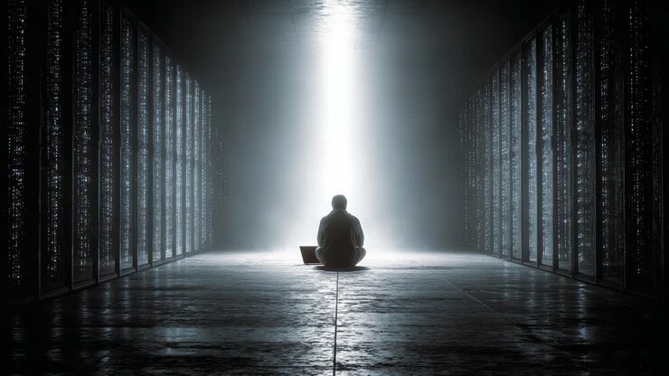 In un regno di tecnologia e solitudine, una figura solitaria medita in una sala server buia illuminata da una luce brillante, a simboleggiare l'intersezione tra umanità ed esistenza digitale