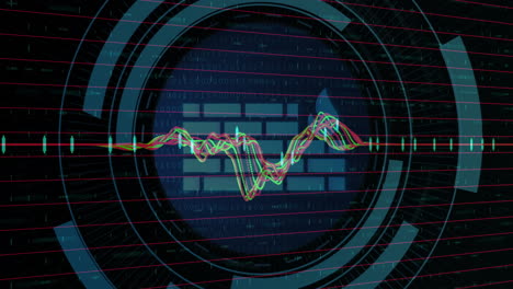 animation of fire wall, digital data processing over scope scanning on dark background