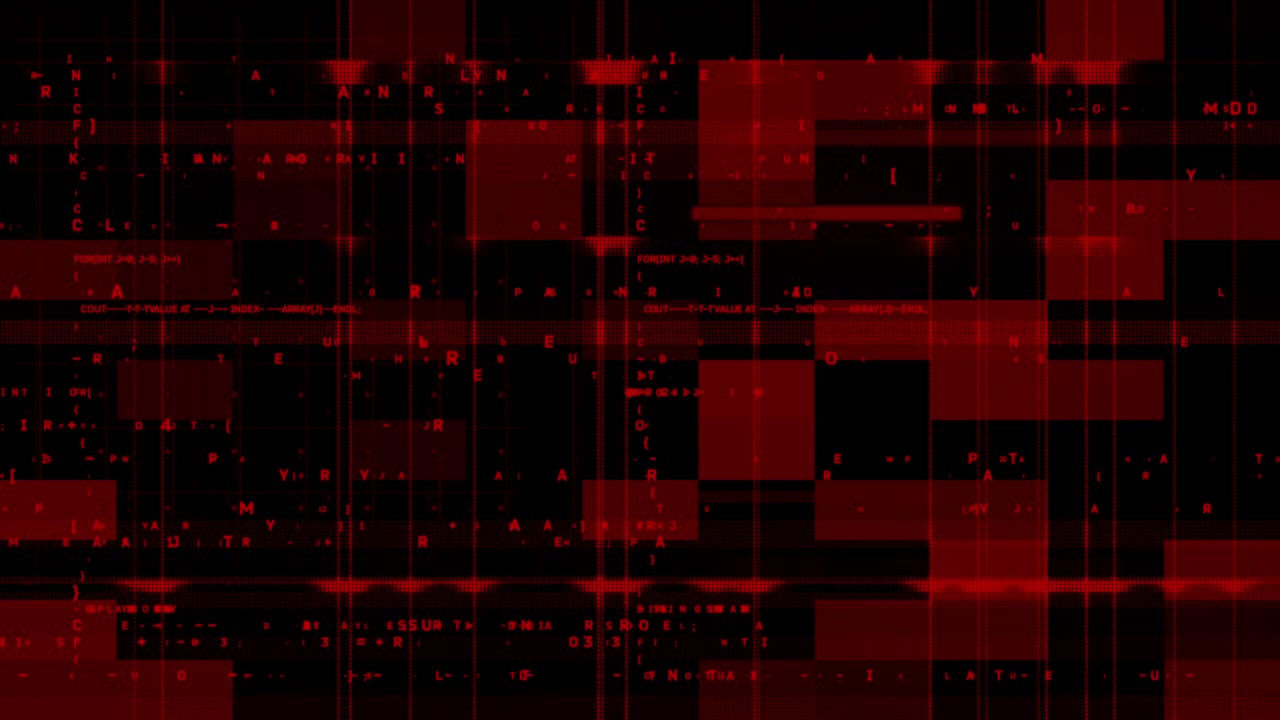 Abstract background of red digital noise, glitches, and corrupted data fragments. Seamless loop for technology, cybersecurity, error screen, or hacking concepts. Futuristic bad signal effect