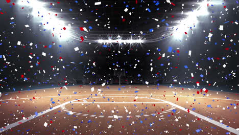 animation of blue and red confetti falling over sports stadium