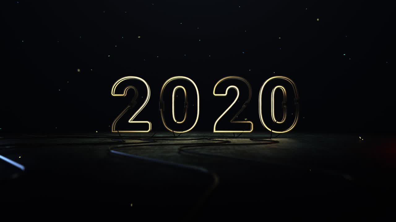2020 Happy New Year, With Hanging Golden Numbers, Powered By LED Illuminated Electrical Cables. 3D Cgi Loop 4K Render.