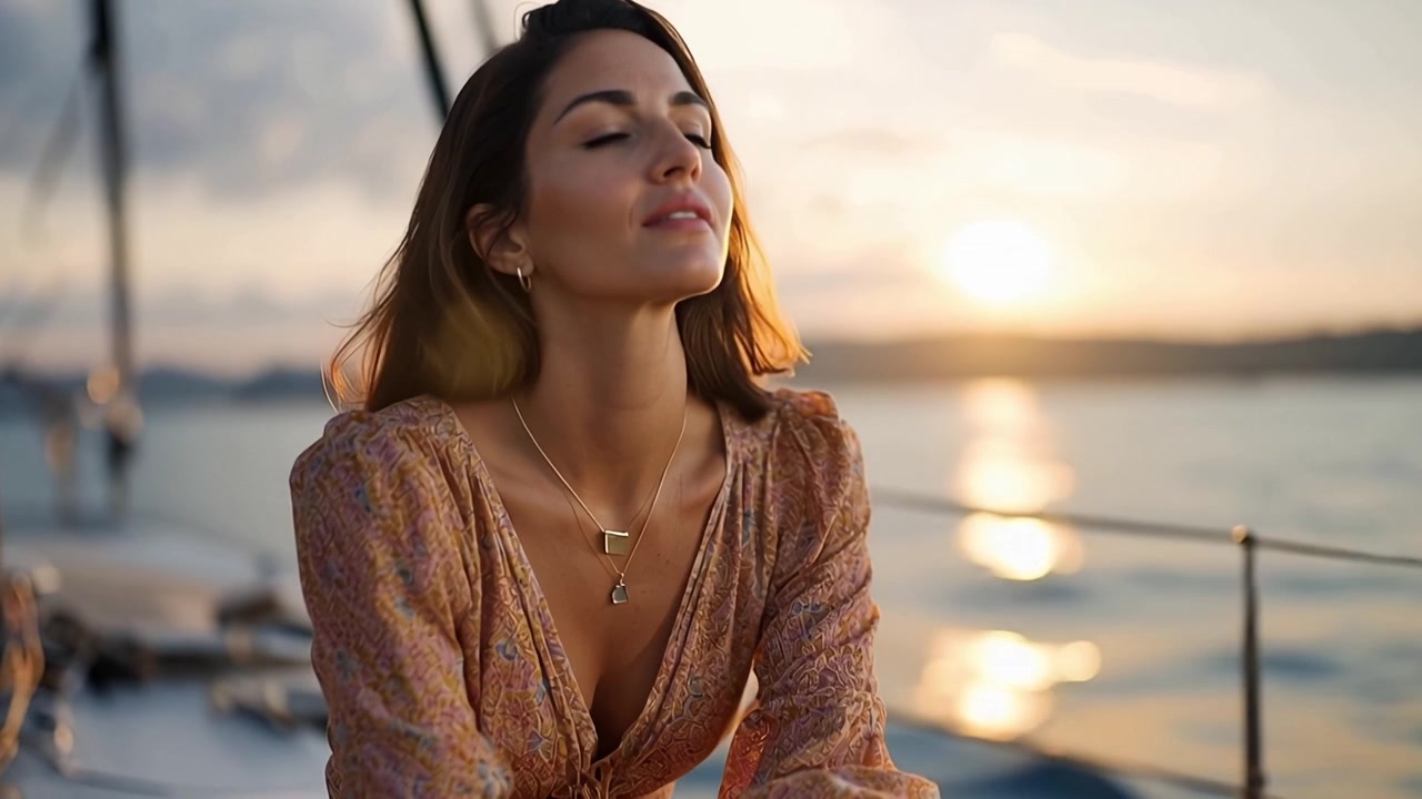 Donna elegante in un momento sereno a bordo di uno yacht, che ammira il tramonto sulle acque calme, incarnando tranquillità e bellezza in un ambiente pittoresco.