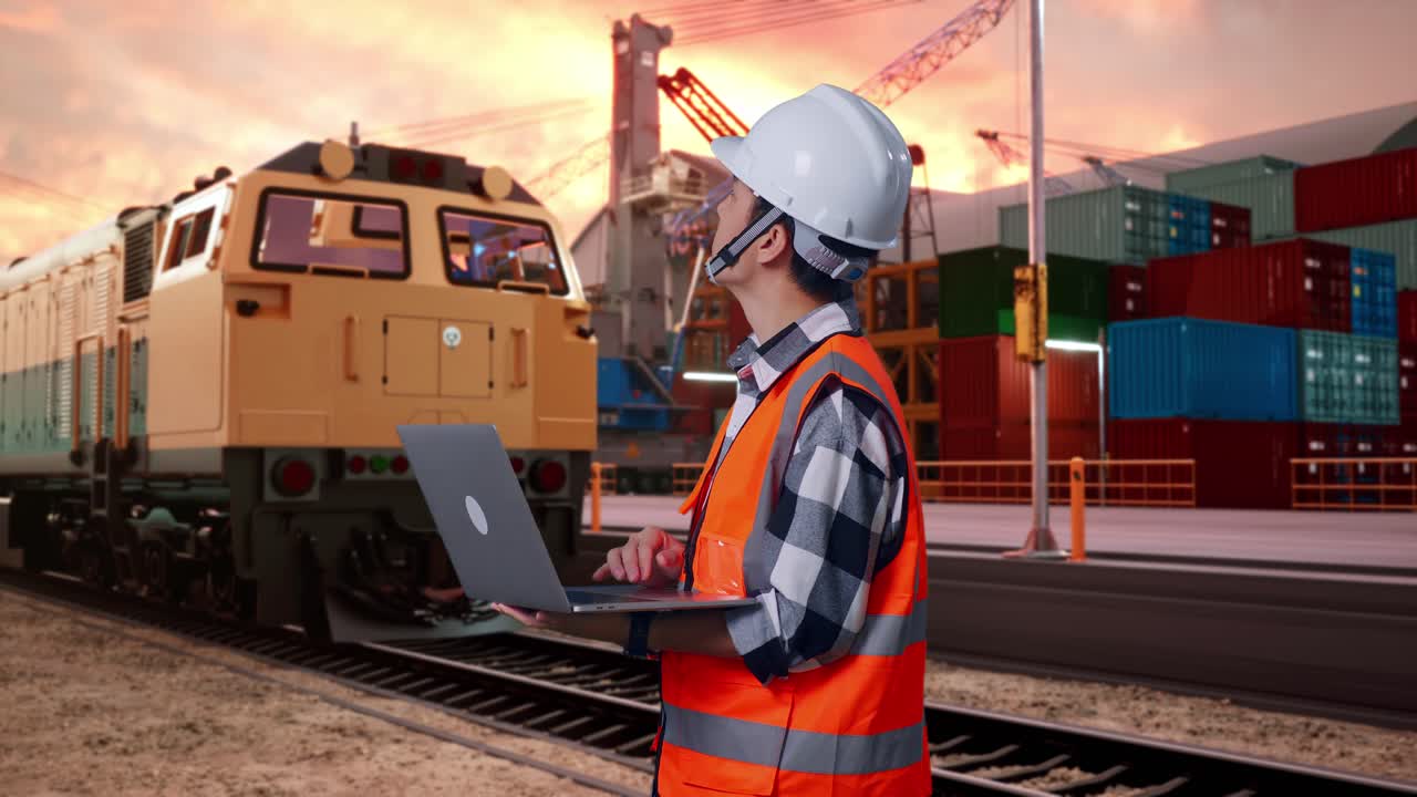 Side View Of Asian Male Engineer With Safety Helmet Working On A Laptop And Looking Around While Standing With Freight Cargo Train At Port