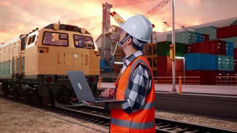 side view of asian male engineer with safety helmet working on a laptop and looking around while standing with freight cargo train at port