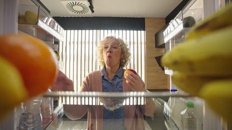 Woman selecting fruit from refrigerator