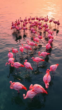 pink flamingos in a sunset lagoon