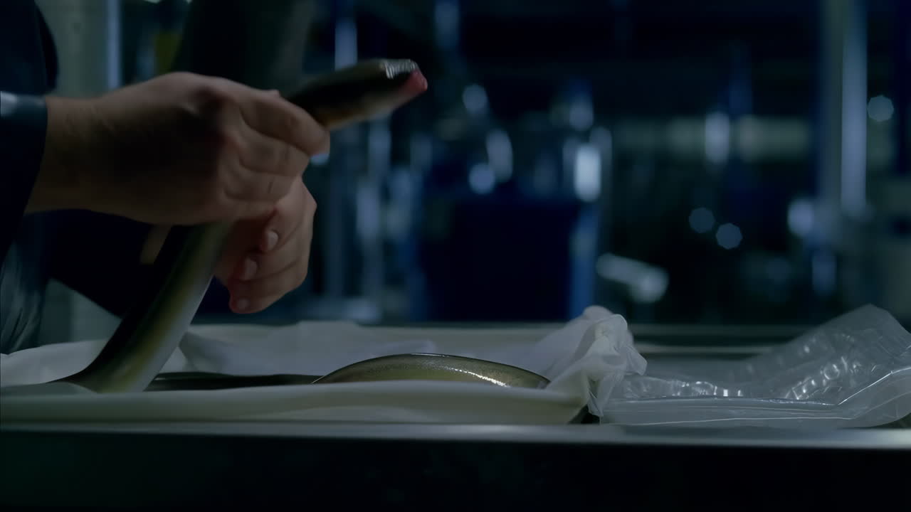 Hands preparing fresh eels