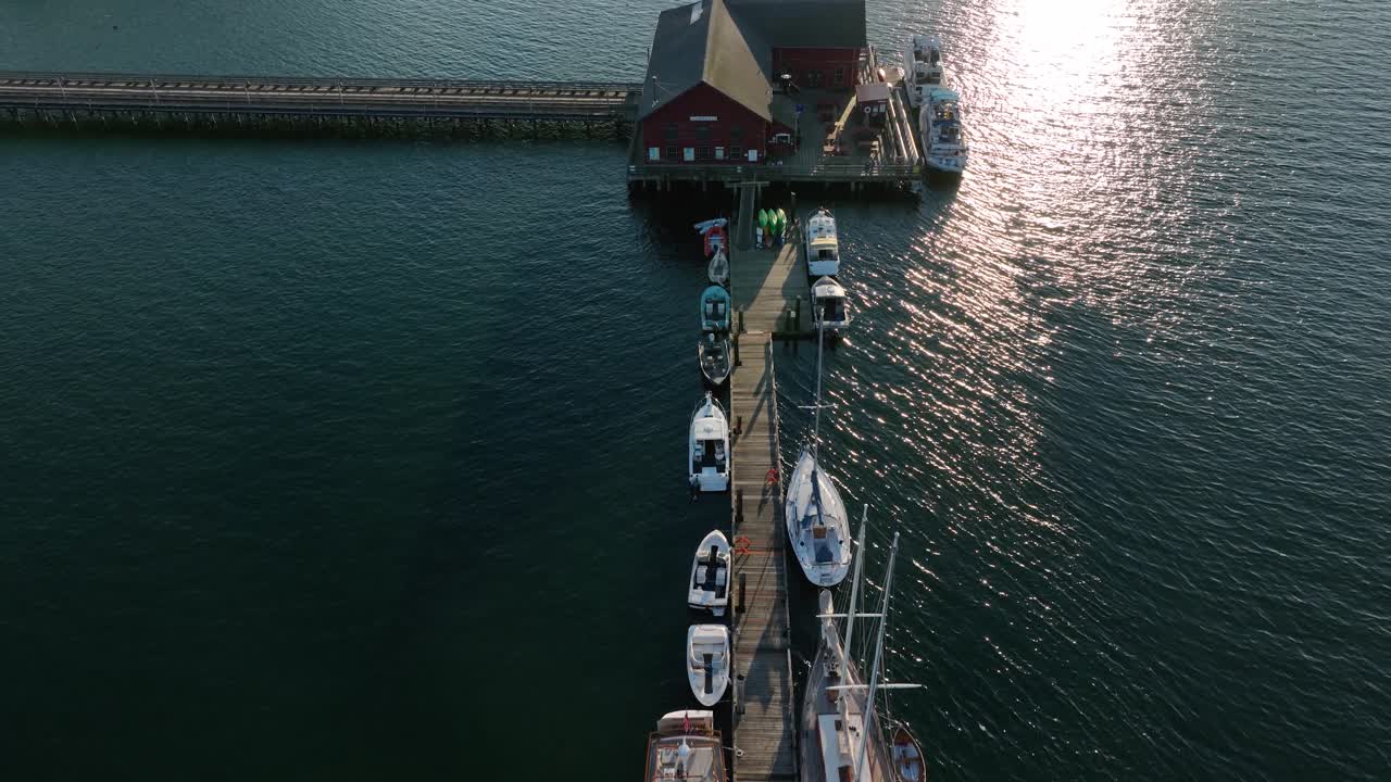 Top down aerial shot of boats tied up to the dock in Coupeville, WA