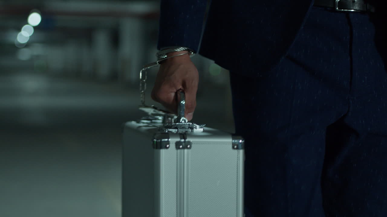 Man in handcuffs walking with a briefcase in an underground parking garage at night