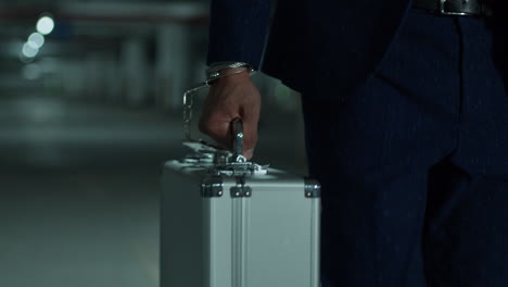 man in handcuffs walking with a briefcase in an underground parking garage at night