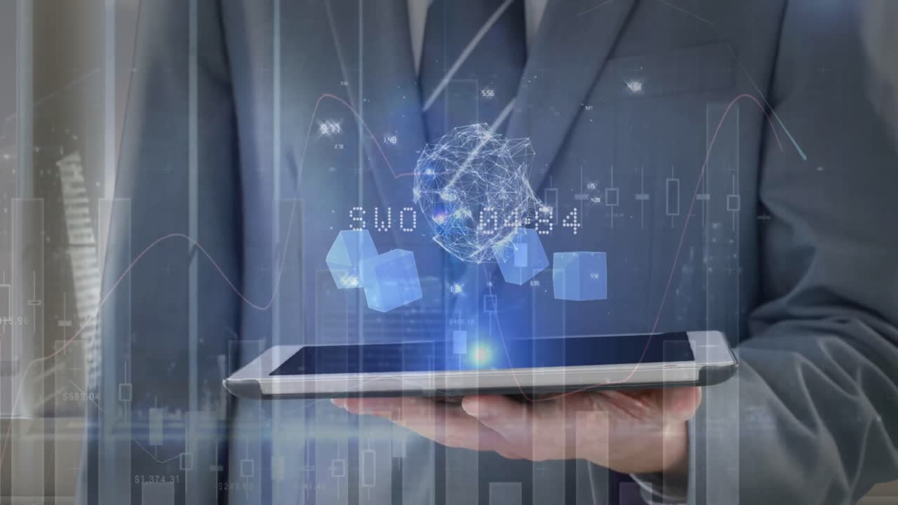 태블릿을 사용하는 사업가에 대한 통계 및 금융 데이터 처리 애니메이션