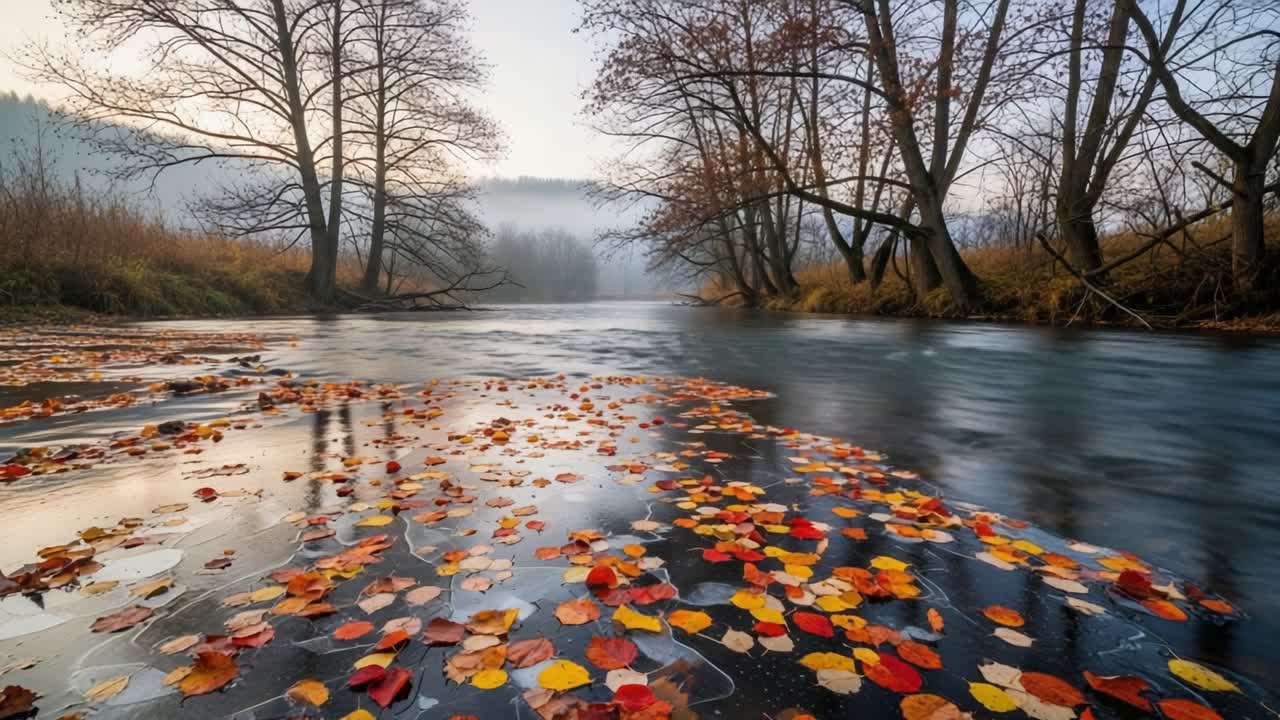 Tranquil Autumn River Scene with Colorful Fallen Leaves Floating on Water Surrounded by Trees and Misty Background, Capturing the Essence of Nature's Beauty