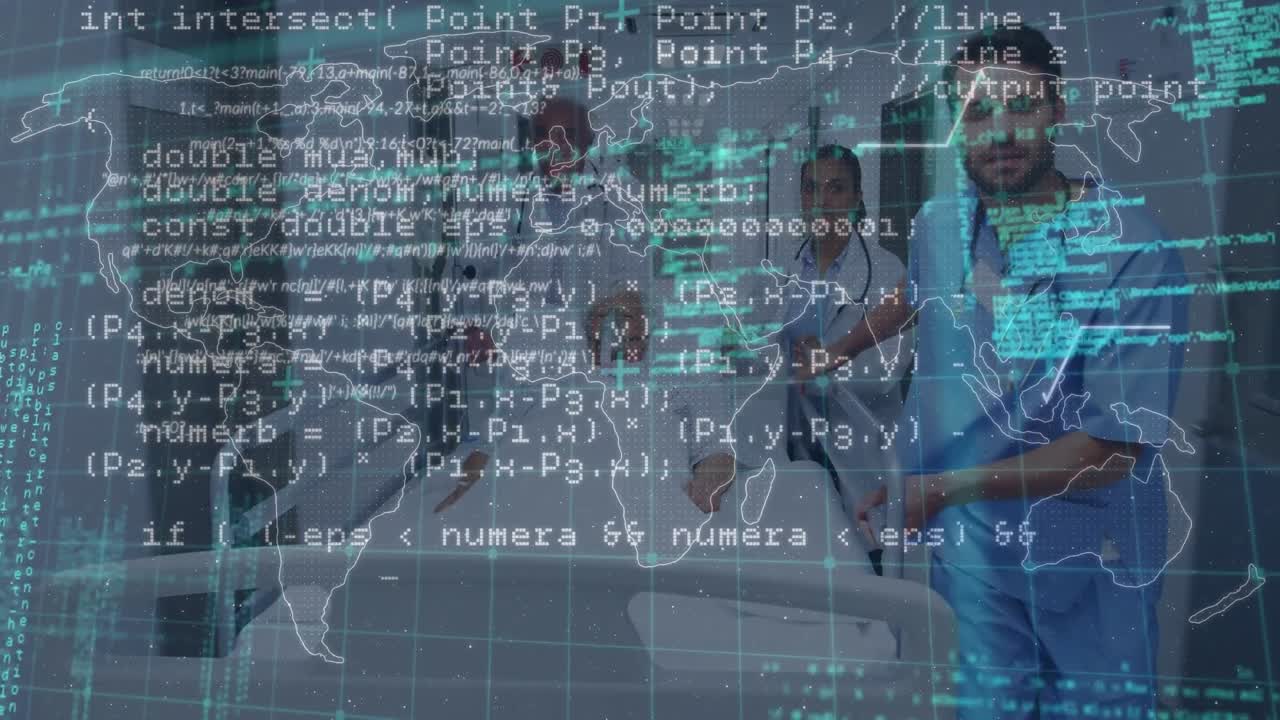 Data processing over team of health workers rushing a patient to operation theater at hospital